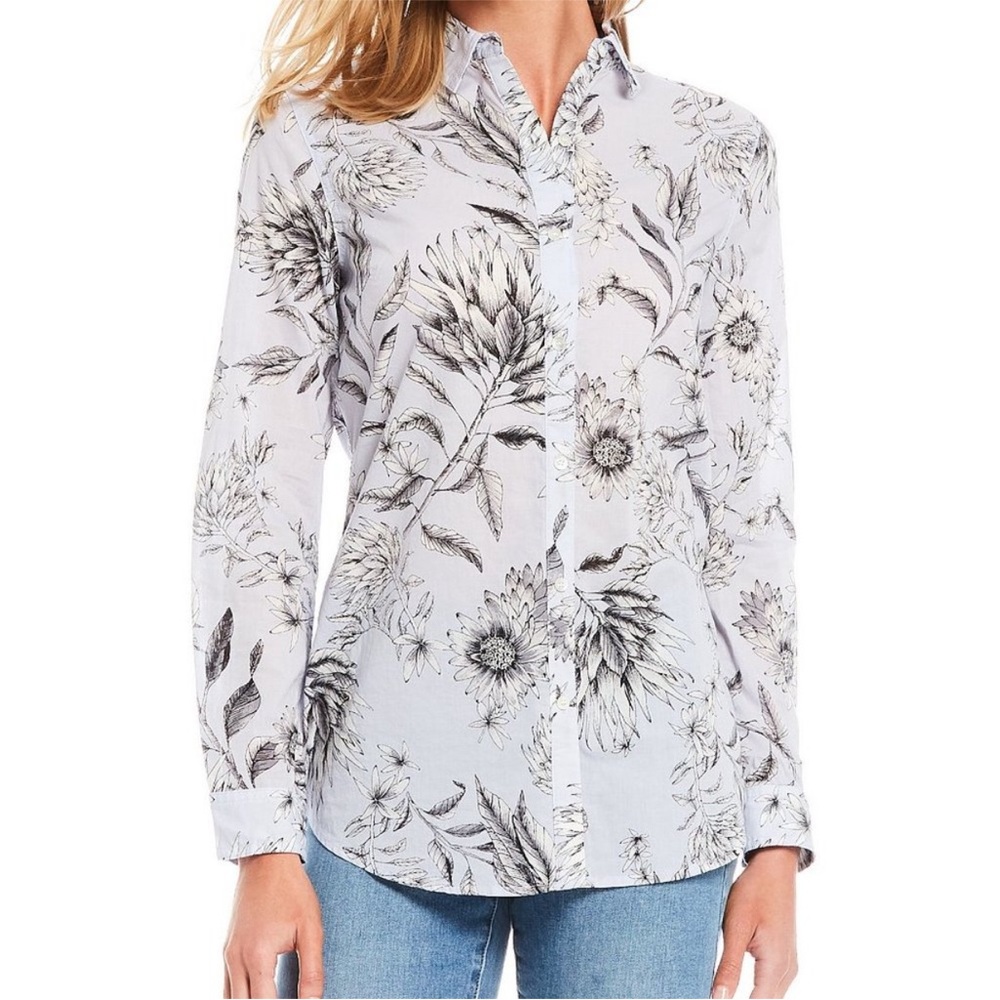 J. McLaughlin Lois Floral Voile Button Front Blouse size Medium Blue Gray Floral